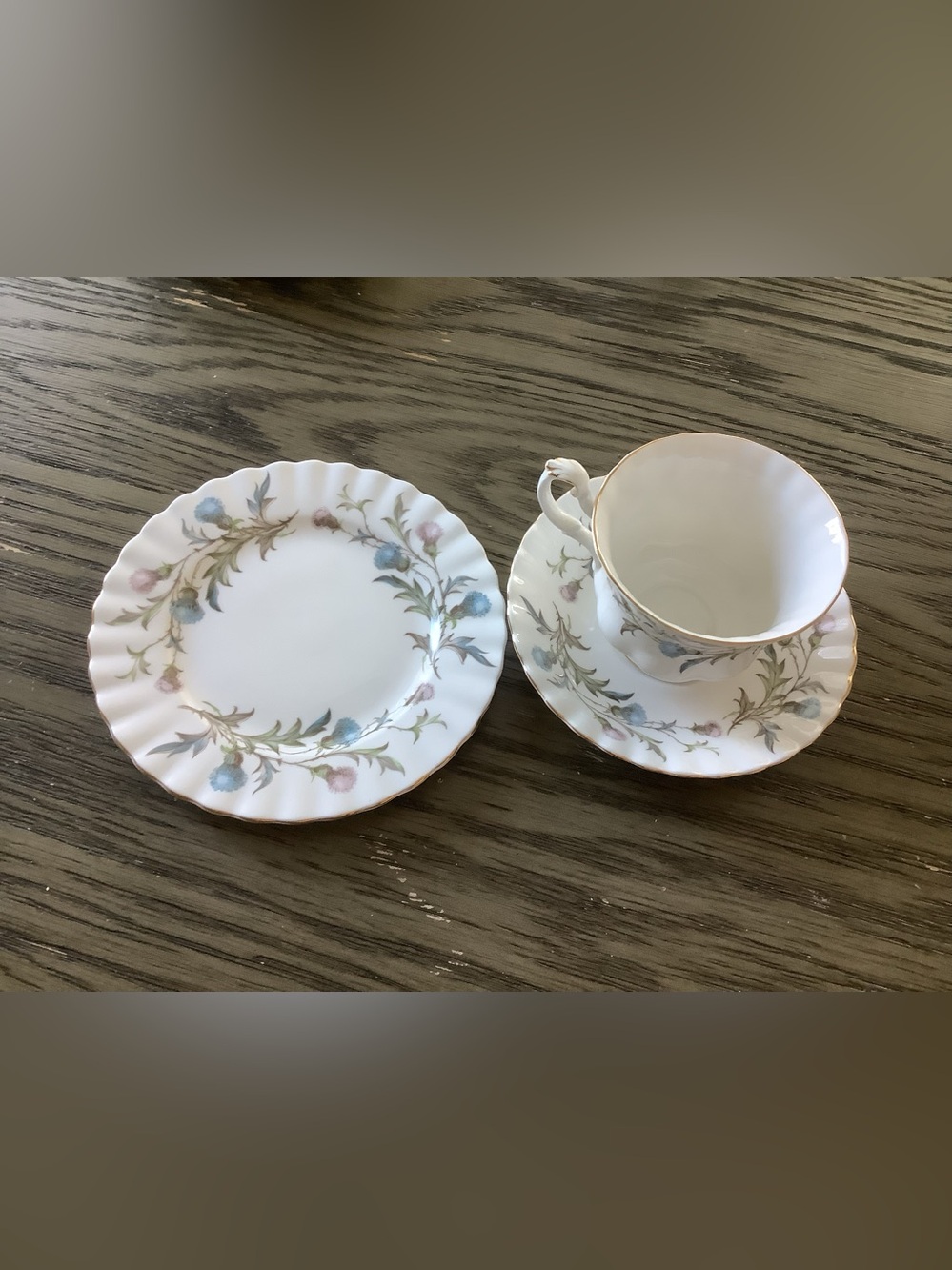 Royal Albert Brigadoon Tea Cup, Saucer, and Dessert Plate
Fine China Thistles